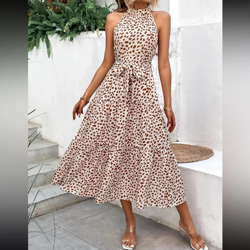 Boho dots belted halter maxi dress